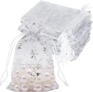 雪花欧根纱拉绳袋4x 6英寸100支白色圣诞礼物袋网状珠宝袋婚礼派对糖果袋