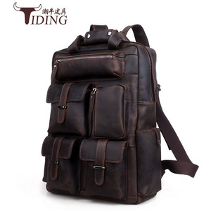 Tiding Men's <b>Backpack</b> Genuine <b>Leather</b> <b>Large</b> Capacity Travel Bag Solid Color Detachable Strap Breathable Wear Resistant - Product Image 2