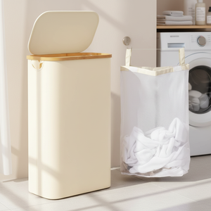 Cesto para Ropa Sucia con <span class=keywords><strong>Tapa</strong></span> de Bambú y Forro Extraíble, Cesto Minimalista Beige con <span class=keywords><strong>Tapa</strong></span> de Bambú para Hogar y Hotel - Product Image 2