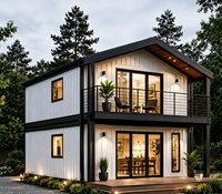Maison conteneur préfabriquée à double étage avec cuisine moderne, balcon, toit incliné, fenêtres pleine hauteur et bureau