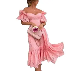 Kadın yaz adil kızlık tarzı Petal kısa kart kılıfı kapalı omuz fırfır bir çizgi rahat Midi elbise seksi zarif elbise