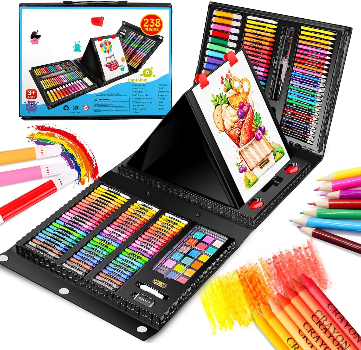 DISN 238 Pack Deluxe Art Set Painting Coloring with Trifold Easel, Craft Drawing Kits