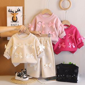 Nouvel ensemble sweat-shirt et pantalon à nœuds multiples motif dessin animé pour petites filles, collection printemps-automne 2026 - Product Image 1