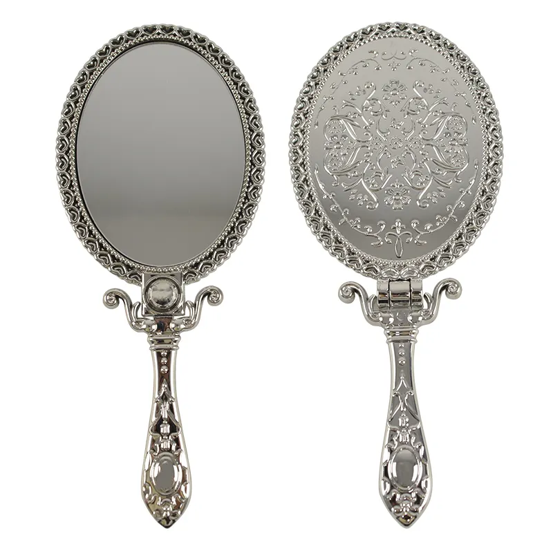 Wholesales Custom Logo Princess Handheld Foldable Mirror Private Label Hand Held Makeup Mirrors Silver Oval Vanity Mirror