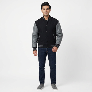 Chaqueta Varsity de Alta Calidad para Hombre, Transpirable, con Letras Bordadas, 100% Algodón, Cuello Alto, Mangas de Cuero, Abrigo Elegante para Invierno - Product Image 1