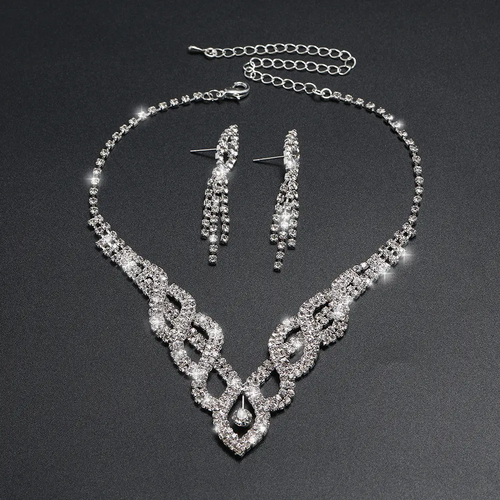 China atacado 925 prata conjunto de joias, aço inoxidável brilhante cristal borla brinco colar acessórios de moda feminino jóias