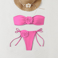 Ensemble Bikini Bandeau Rose Couleur Unie pour Femme avec Cordon de Serrage – Maillot de Bain Deux Pièces pour la Plage