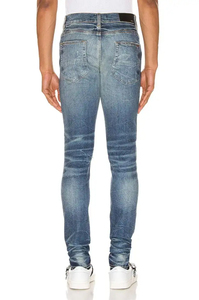 جينز رجالي عصري بتصميم مخصص، بسحاب ورقع جلدية ممزقة، بتقنية الغسيل، قصة ضيقة من القطن للرجال - Product Image 3