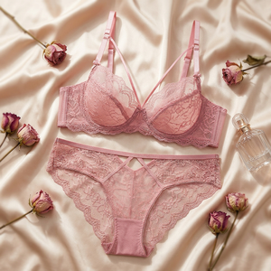 Conjunto de sujetador con aros y bragas de encaje rosa, lencería romántica transparente para mujer, conjunto de lencería transpirable de talla grande para mujer, OEM ODM - Product Image 2
