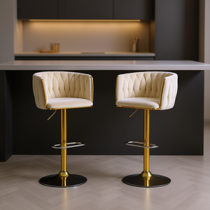 Tabourets de bar ivoire avec base chromée, hauteur réglable, mécanisme pivotant, revêtement en velours, design contemporain, mobilier de bar - Product Image 2
