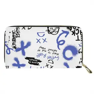 Custom White Hand Painted Art Graffiti Print Men Fashion Custom PU Leather Card Organizer Long Wallet With Zipper Pocket Case