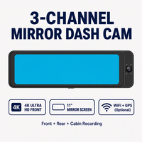 Caméra de tableau de bord 3 canaux avec écran tactile 11 pouces 4K, vision avant, arrière et habitacle, WDR, WiFi, streaming multimédia, DVR pour voiture