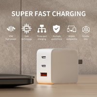 Pengisi Daya GaN 3 Port 65W 2 USB C 1 USB A PD PPS QC Pengisian Cepat Adaptor Dinding untuk Laptop Smartphone Tablet