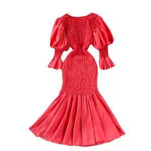 Purple/Red/White Mermaid Dress Women Spring Summer Round Neck Puff Sleeve High Waist Bodycon Female Elegant New sexy long dress