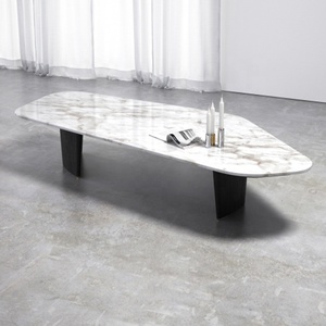 Modern Large Irregular Shape White <strong>Real</strong> Solid Marble Top <strong>Wood</strong> Base Center <strong>Coffee</strong> <strong>Table</strong> - Product Image 6