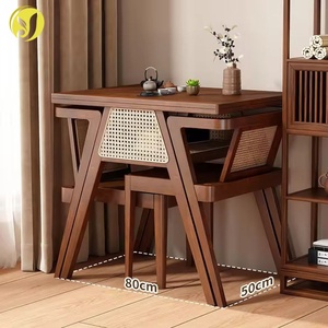Solid Wood Balcony <strong>Dining</strong> <strong>Table</strong> with <strong>Rattan</strong> <strong>Chairs</strong> Small Coffee Tea Set for Leisure Courtyard Negotiation Stackable Storage - Product Image 1