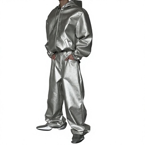 Unisex Silver Metallic Tracksuit Set Full <b>Zip</b> <b>Hooded</b> Loose Fit Streetwear Pants With Side Pockets Autumn Wear - Product Image 4