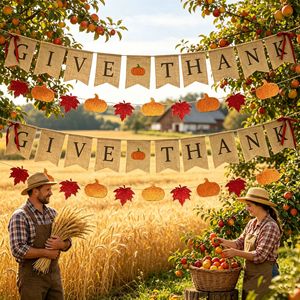Bannière de remerciement pour la récolte d'automne, décorations en lin, feuilles d'érable et citrouilles scintillantes pour fête en plein air - Product Image 1