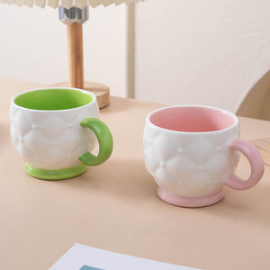 <b>Ceramic</b> Milk <b>Cup</b> With Handle Solid Color Embossed Design For Home Use Gift <b>Cup</b> - Product Image 3