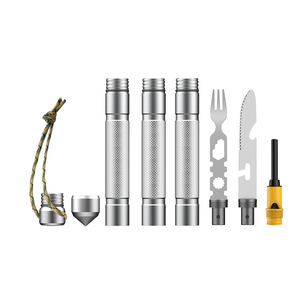Ensemble d'outils de survie multifonctionnels compacts, couteau, fourchette, bâton de défense, équipement de camping - Product Image 1