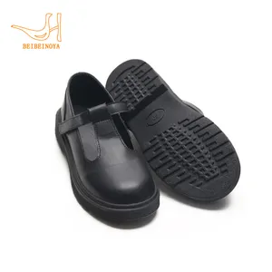 Babyhappy Wholesale Custom Leather Children Kids T Bar School Leather Black Color Shoes For Ladies Girls Platform