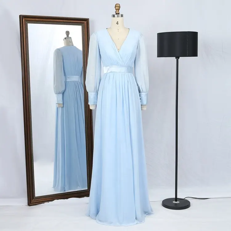 Venta al por mayor azul claro manga larga cuello en V espalda completa gasa noche azul claro vestidos de novia mujeres señora elegante vestido
