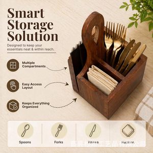 Support à couverts en bois massif avec poignée, rangement de cuisine, organisation des ustensiles, style moderne minimaliste - Product Image 3