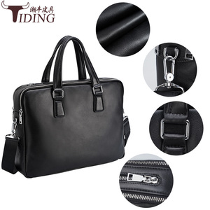Tiding Genuine Leather Business Bag 14 Inch Laptop <b>Briefcase</b> Men's Zipper Closure Solid Color Black - Product Image 2