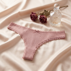 Braguitas de Tanga de Algodón Cómodas para Mujer, Color Rosa, Tejido Acanalado, con Encaje Sólido, Talle Bajo, Tallas Grandes, con Lazo, Venta al por Mayor - Product Image 4