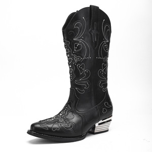 <span class=keywords><strong>Botas</strong></span> de montar altas estilo vaquero vintage para <span class=keywords><strong>mujer</strong></span>, con bordado de pedrería negra y tacón de bloque metálico, ideales para festivales. - Product Image 3