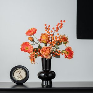 Arrangement de fleurs artificielles orange en vase, coquelicots en soie, fruits porte-bonheur, décorations de fête du Nouvel An - Product Image 4