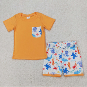 เสื้อยืดสีน้ำเงินกรมท่าสำหรับเด็กผู้ชายพร้อมกระเป๋ารูปเรือใบและกางเกงขาสั้นพิมพ์ลายสีฟ้าอ่อนชุดลำลองสำหรับฤดูร้อน - Product Image 4