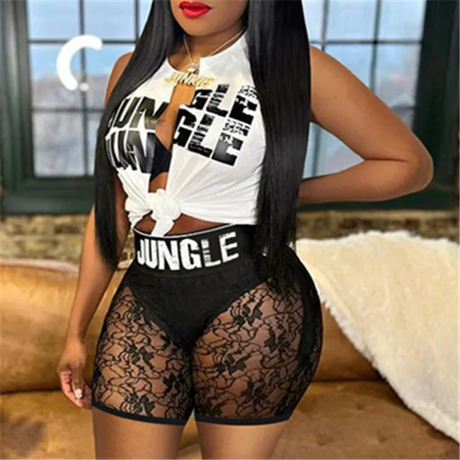 Summer clothes for women african clothing Letter Print Top Lace See-Through Shorts Women's Sets