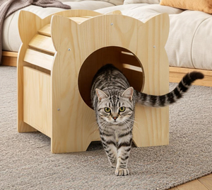 Nichoir pour chat en bois massif respirant à lattes creuses, avec entrée, lit de repos privé, robuste, pour intérieur, toutes saisons - Product Image 4