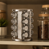 Support à épices rotatif en acier inoxydable 360° avec bocaux en verre et couvercles en bois, fabrication OEM sur mesure