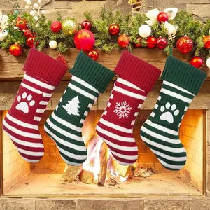 Popular Stripe Christmas Stocking With A Pocket Pet Cats and Dogs Paw Knit Christmas Stockings Tree Decor