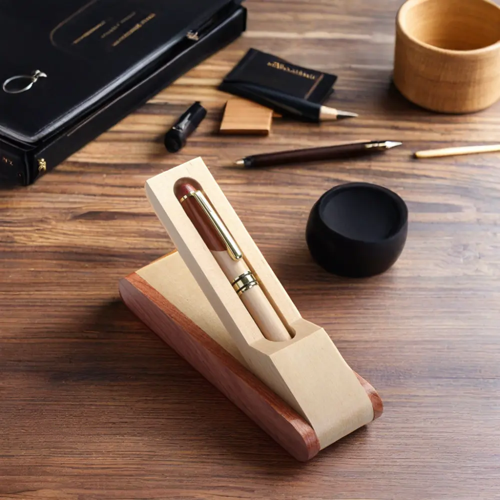 Ahşap paket kutusu ile klasik lüks akçaağaç ahşap tükenmez kalem katlanabilir bambu mürekkep kalem kalem durumlarda