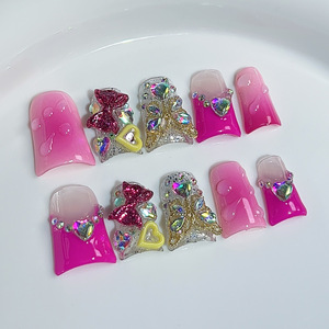 Lot de 10 <span class=keywords><strong>faux</strong></span> <span class=keywords><strong>ongles</strong></span> en forme d'amande, motif diamant, faits à la main, couvrance totale, réutilisables, avec <span class=keywords><strong>colle</strong></span> pour nail art - Product Image 3