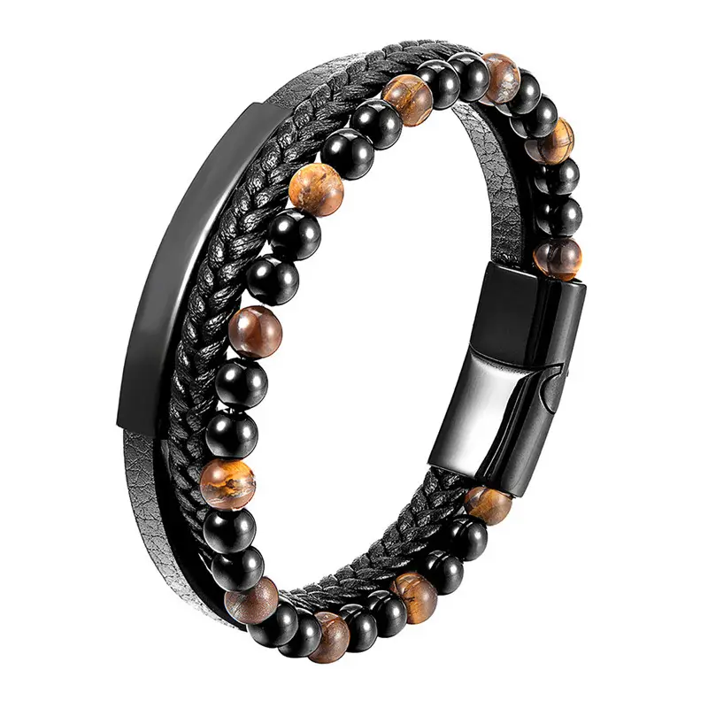 Cuentas hawaianas hechas a mano para hombres, joyería de acero inoxidable, brazalete de cuero negro IP, pulsera de cuerda de ojo de tigre, regalo para fiesta