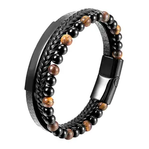 Hawaiian handmade beads jewelry stainless steel black IP leather bangle tiger eye rope bracelet for men gift party