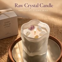Bougie parfumée en verre avec pierre de cristal naturelle, pot givré, améthyste, mèche en bois blanc, lavande, jasmin, coffret cadeau, décoration d'intérieur