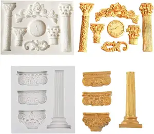 Columna romana molde de silicona para Fondant pilares de mármol griego bajo relieve Retro patrón europeo reloj Gumpaste Chocolate caramelo molde