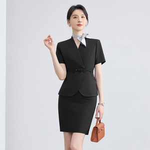 Women's Suit Set Short Sleeve Formal Work Uniform Navy Blue Black Slim Fit Professional Attire For Office Commuting - Product Image 3