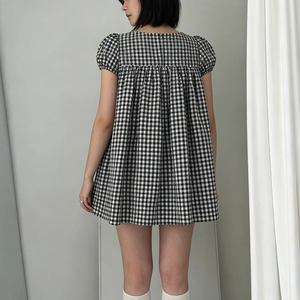 Vestido Mini Casual de Verano para Niñas, con Estampado Digital a Cuadros, Cuello Alto, Cintura Alta, Corte en A, Manga Corta, Ecológico y Bonito - Product Image 2