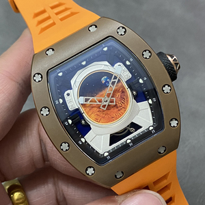 Montre mécanique pour homme Top Rm, forme barillet, bracelet en caoutchouc orange, cadran à thème spatial 3D, boîtier en métal mat, montre de sport de luxe et tendance - Product Image 1