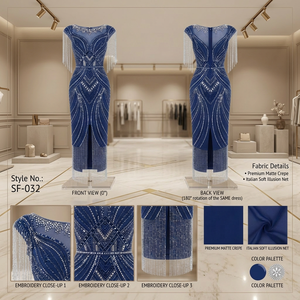 Vestido Largo Azul Marino para Mujer, Estilo Art Deco, con Bordado, Detalle de Flecos de Cristal en el Hombro, Satinado Moderno, Elegante y Ajustado - Product Image 2
