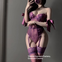 Ensemble de lingerie sexy en dentelle violette, style Teddy, tenue de nuit sans déshabillage, vêtements intimes séduisants et alléchant pour femmes, ODM Polyester