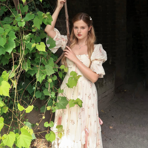 Femmes rose imprimé fleuri Vintage <span class=keywords><strong>invité</strong></span> de <span class=keywords><strong>mariage</strong></span> Maxi robe manches bouffantes col carré nœud garniture à plusieurs niveaux volants bouton décoration - Product Image 2