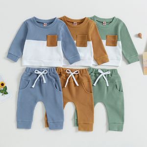 Trendy outfit voor babyjongens, kleurblok wafelprint, zachte katoenen stof, top met opgestikte zak & joggingbroek, casual <span class=keywords><strong>set</strong></span> - Product Image 6