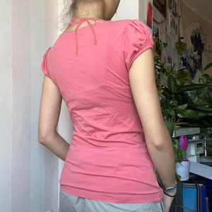 Camiseta de Manga Corta con Cuello Cuadrado y Encaje, para Mujer, Color Rosa, Corte Ajustado, con Cuentas y Fruncido, Estilo Casual Chic - Product Image 3